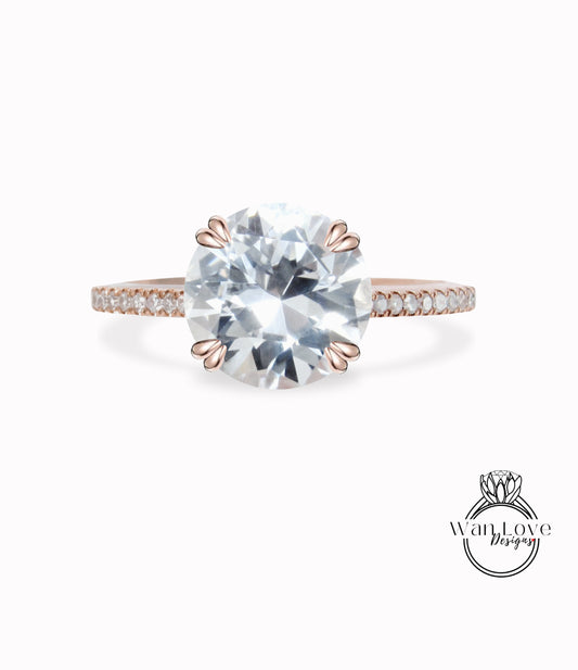 White Sapphire & Diamond Double Prongs Engagement Ring Round Solitaire 14k 18k White Yellow Rose Gold-Platinum-Bridal Wedding ring-Anniversary Gift