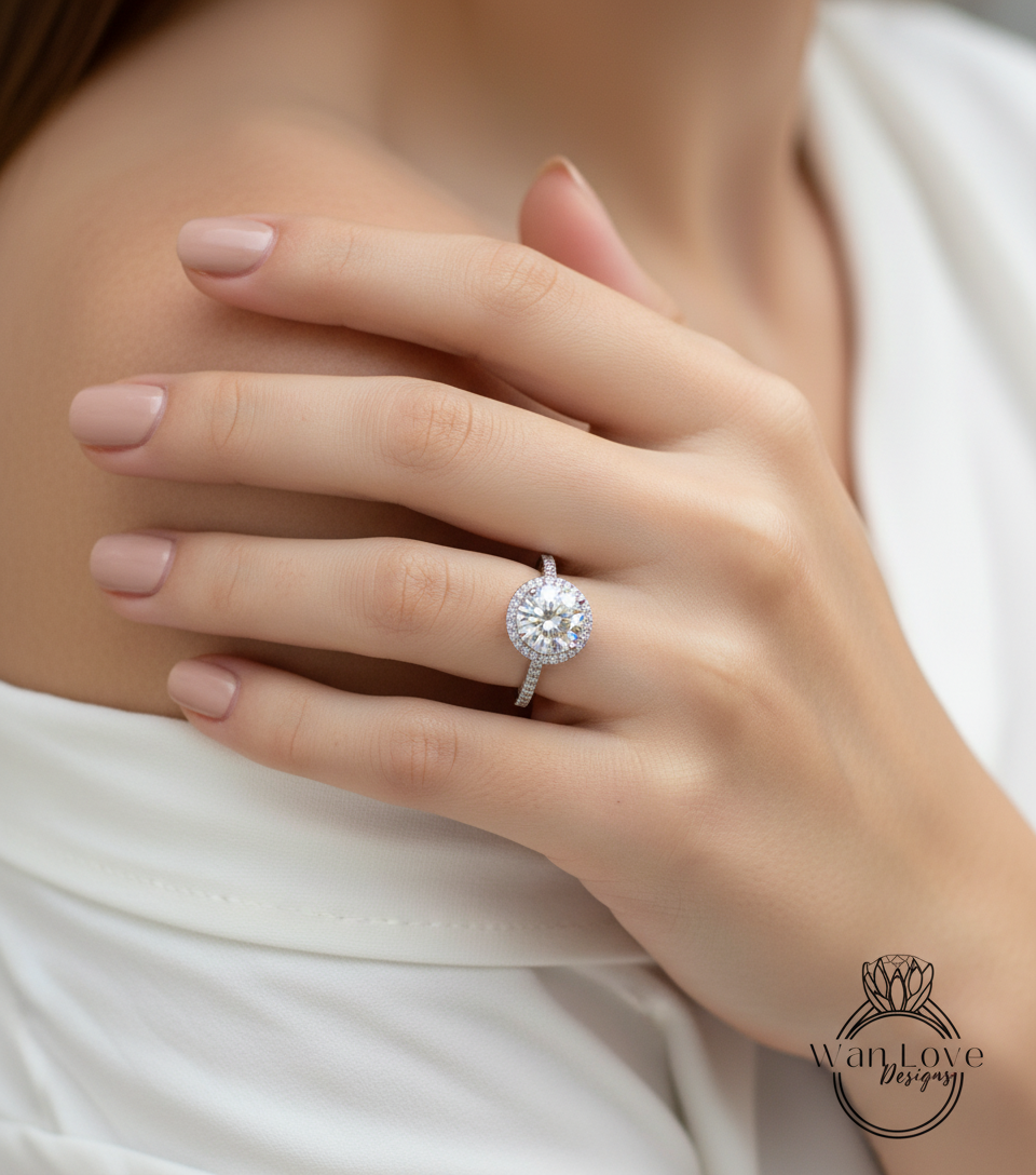 Anello di fidanzamento cattedrale Halo rotondo con zaffiro rosa e diamanti, 2 ct 8 mm, oro bianco, matrimonio, regalo di anniversario, pronto per la spedizione