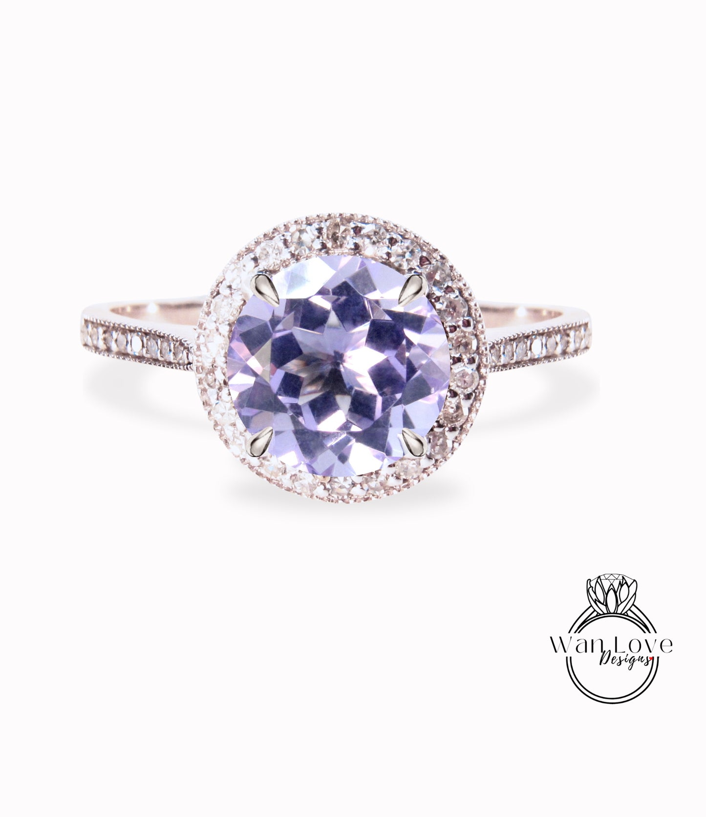 Anello d'oro con ametista diamante Halo / Anello centrale rotondo con ametista lavanda / Anello di fidanzamento / Anello anniversario / Anello di promessa / Anello Halo Milgrain