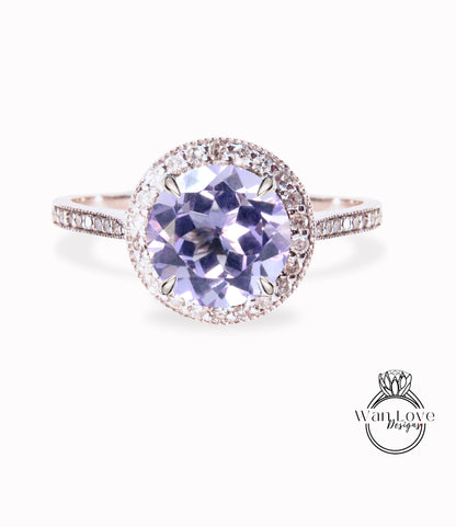 Anello d'oro con ametista diamante Halo / Anello centrale rotondo con ametista lavanda / Anello di fidanzamento / Anello anniversario / Anello di promessa / Anello Halo Milgrain