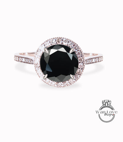 Anello in oro con spinello nero con diamante Halo / Anello centrale con spinello nero rotondo / Anello di fidanzamento / Anello anniversario / Anello di promessa / Anello Halo Milgrain