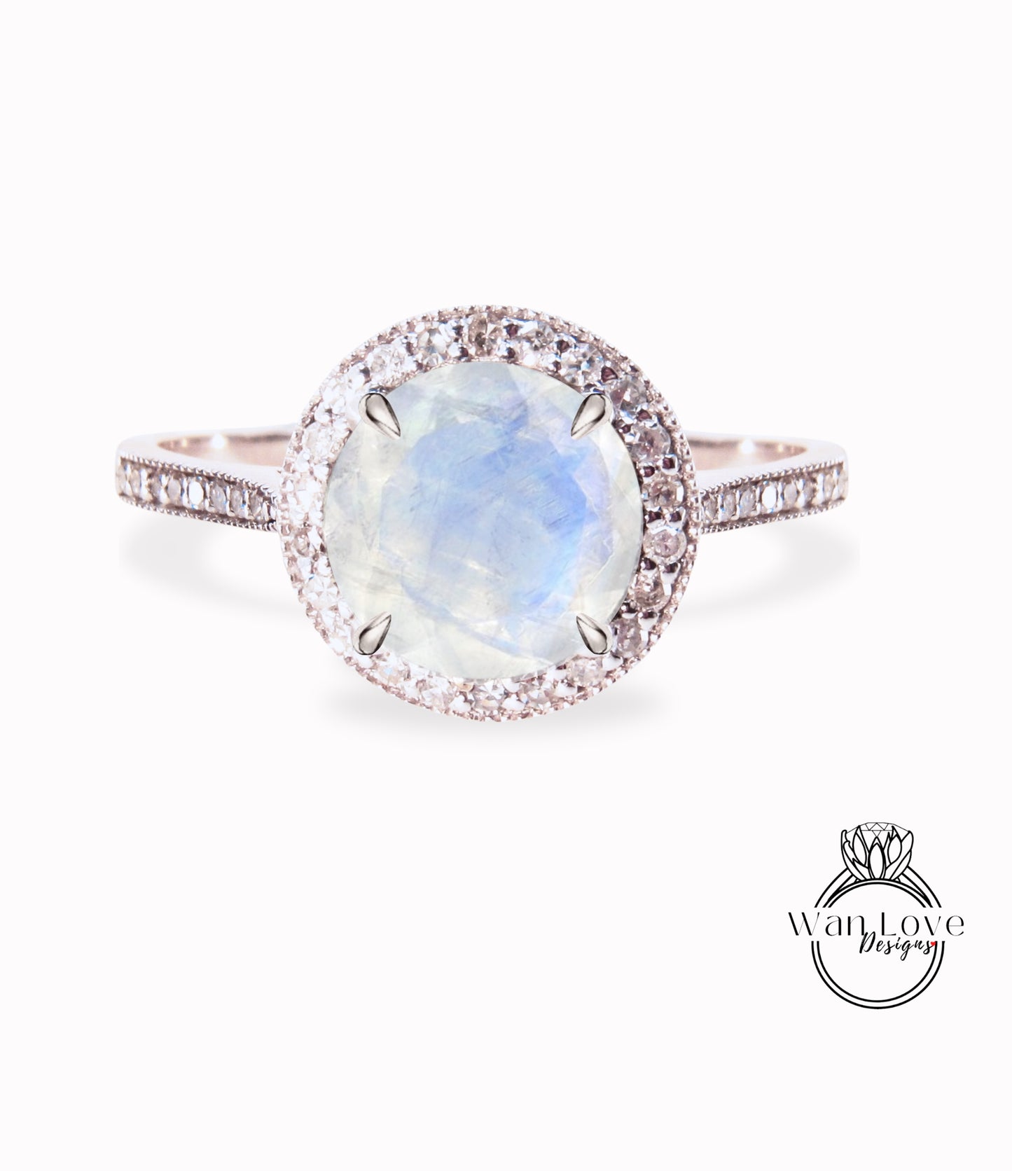 Moonstone & Diamond Milgrain round Halo Engagement Ring, Vintage Diamond/Moissanite Halo Wedding Ring, Half Eternity Diamond Milgrain Custom Ring, 14k/18k Gold Ring