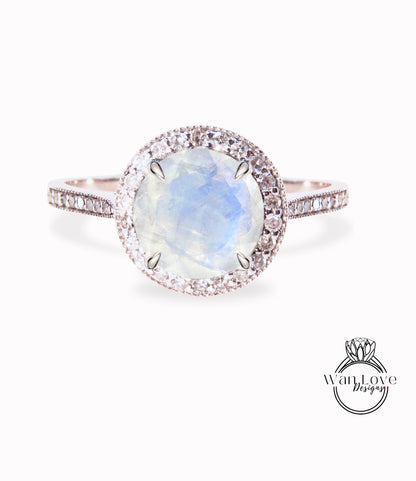 Cuscino Halo Moonstone Anello di fidanzamento, Anello nuziale con diamante/Moissanite Halo, Anello personalizzato Half Eternity Diamond Milgrain, Anello in oro 14k/18k