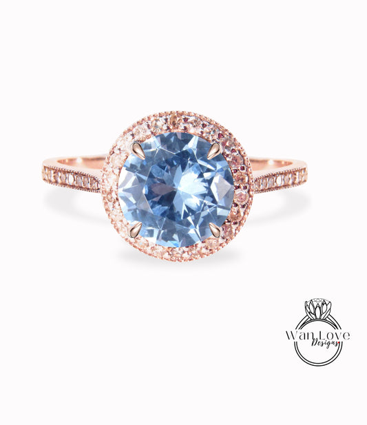Anello d'oro con diamante Halo / Anello centrale rotondo con spinello blu acquamarina / Anello di fidanzamento / Anello anniversario / Anello di promessa / Anello Halo Milgrain