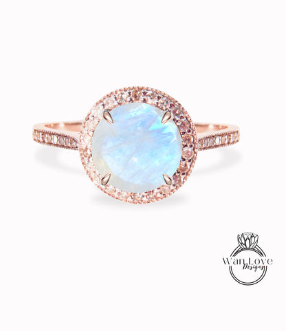 Moonstone & Diamond Milgrain round Halo Engagement Ring, Vintage Diamond/Moissanite Halo Wedding Ring, Half Eternity Diamond Milgrain Custom Ring, 14k/18k Gold Ring