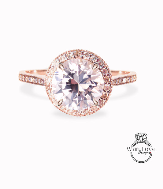 Diamond Halo Gold Ring/ Round Light Pink Sapphire Center Ring/ Engagement Ring/ Anniversary Ring/ Promise Ring/ Halo Milgrain Ring