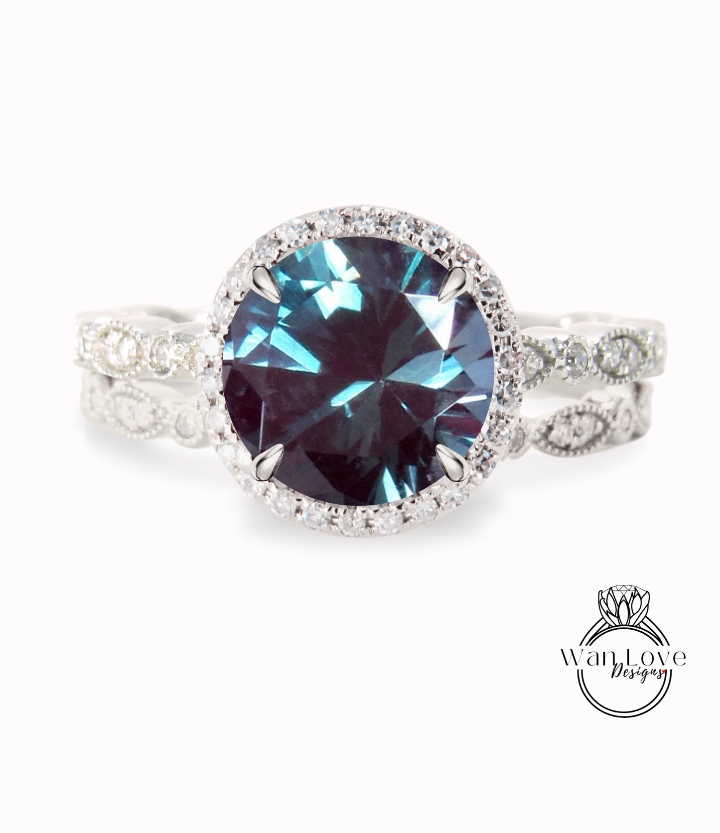 Anelli rotondi con diamanti alessandrite CON o SENZA set di nozze Milgrain Anelli, oro rosa massiccio 14kt, WanLoveDesigns