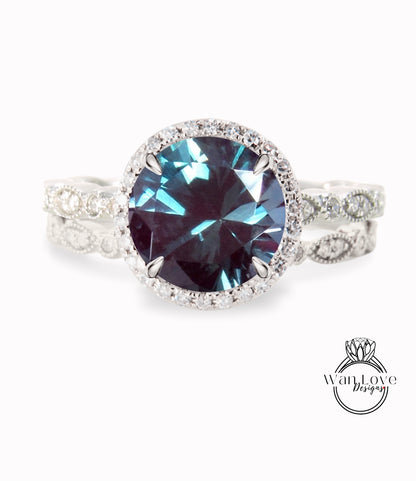 Anelli rotondi con diamanti alessandrite CON o SENZA set di nozze Milgrain Anelli, oro rosa massiccio 14kt, WanLoveDesigns