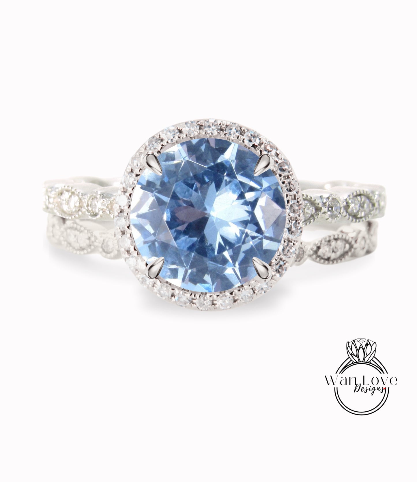 Aquamarine Blue Spinel & Diamond Round Halo Engagement Ring Milgrain Round Leaf Wedding Band Set, Custom-14k White-Yellow-Rose Gold