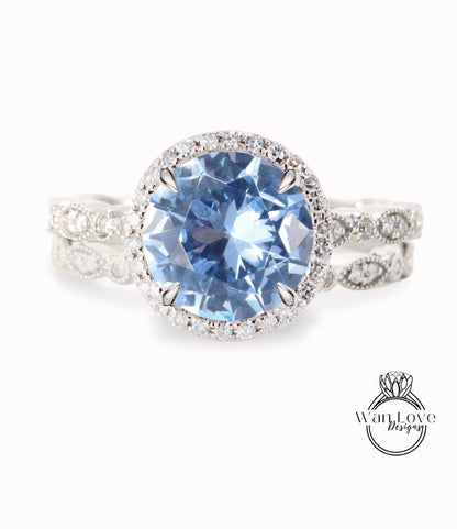 Aquamarine Blue Spinel & Diamond Round Halo Engagement Ring Milgrain Round Leaf Wedding Band Set, Custom-14k White-Yellow-Rose Gold