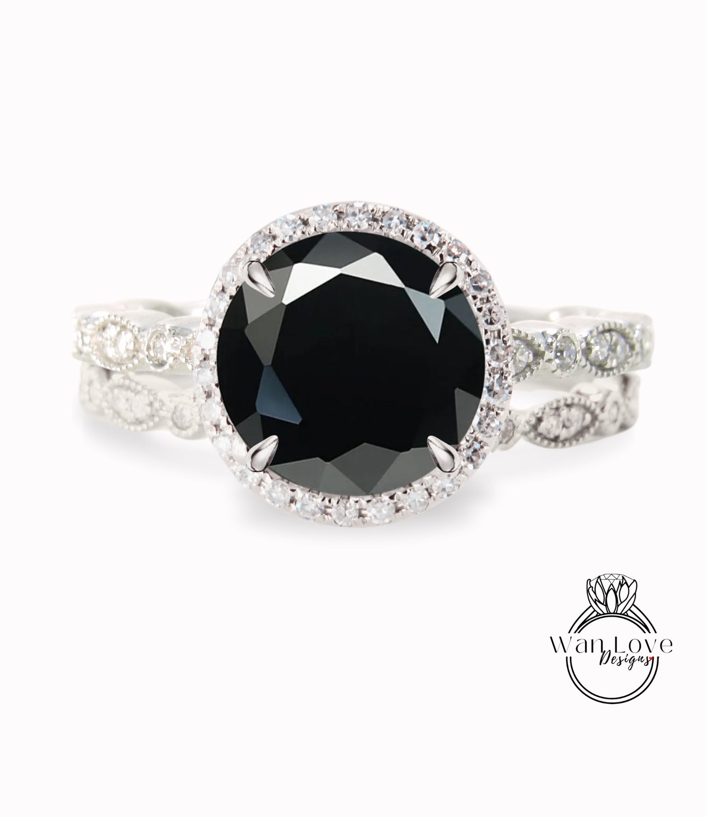 Spinello nero Zaffiro Diamanti Rotondo Halo CON o SENZA Set di nozze Milgrain Anelli Anelli, Oro rosa massiccio 14kt, WanLoveDesigns