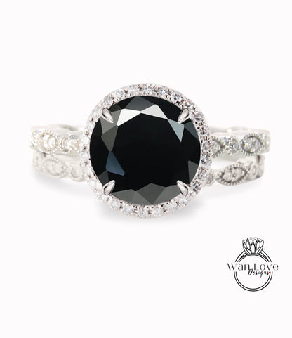 Spinello nero Zaffiro Diamanti Rotondo Halo CON o SENZA Set di nozze Milgrain Anelli Anelli, Oro rosa massiccio 14kt, WanLoveDesigns