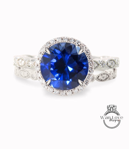 Zaffiro blu diamanti zaffiro rotondo Halo CON o SENZA set di nozze Milgrain Anelli Anelli Art Déco, set di anelli da sposa in oro rosa massiccio 14kt