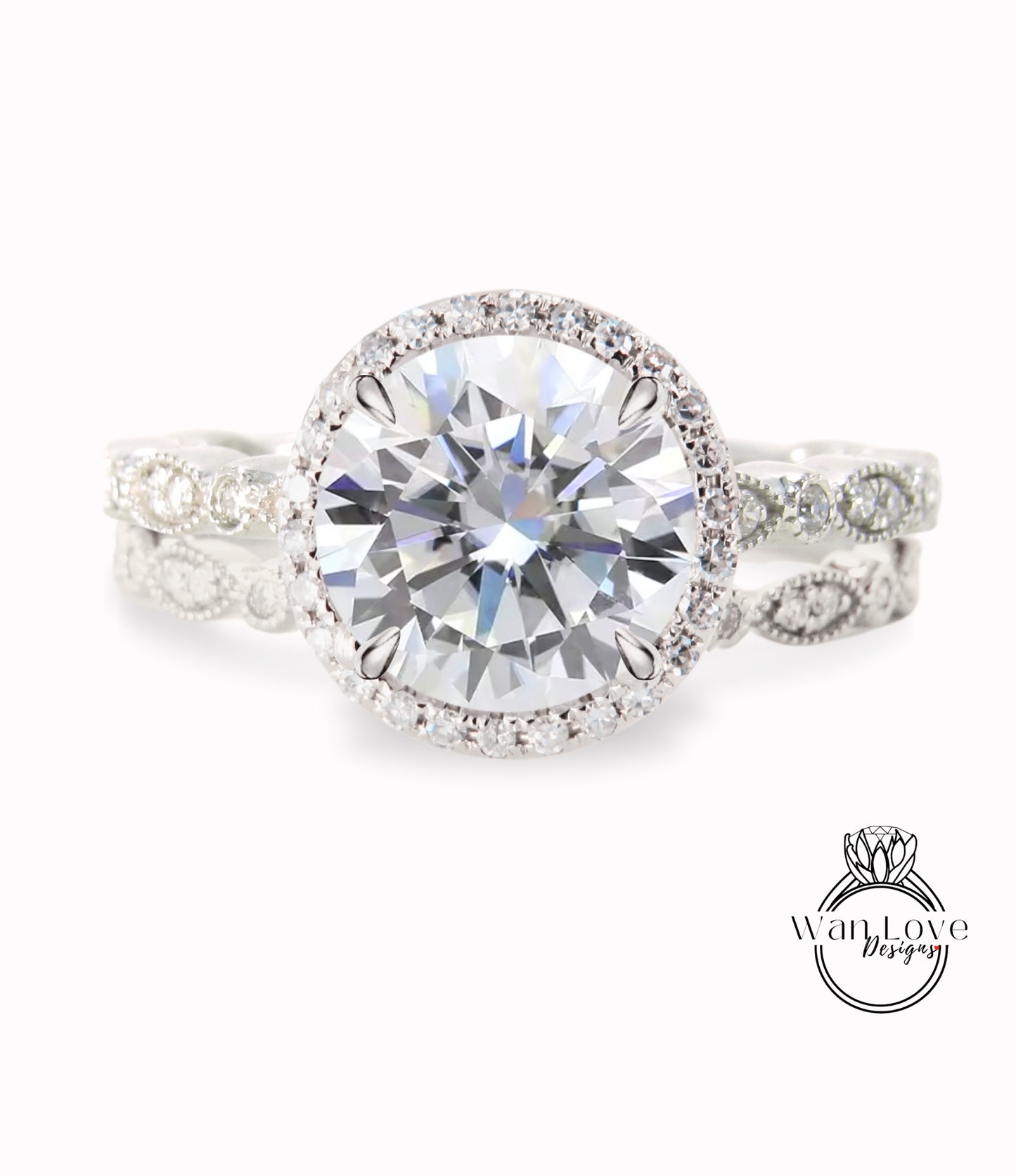 Diamond Round Halo Engagement Ring Milgrain Round Leaf Wedding Band Set, Custom-14k White-Yellow-Rose Gold