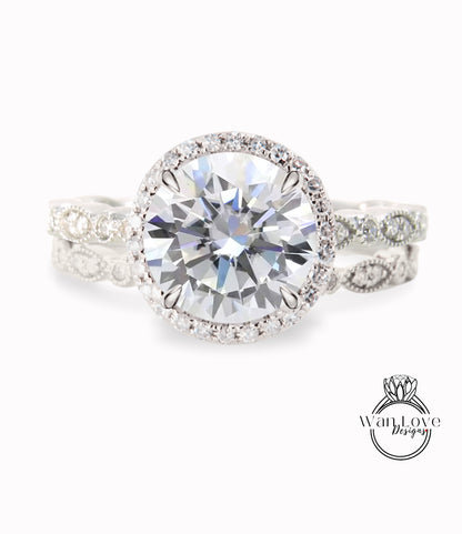 Diamond Round Halo Engagement Ring Milgrain Round Leaf Wedding Band Set, Custom-14k White-Yellow-Rose Gold