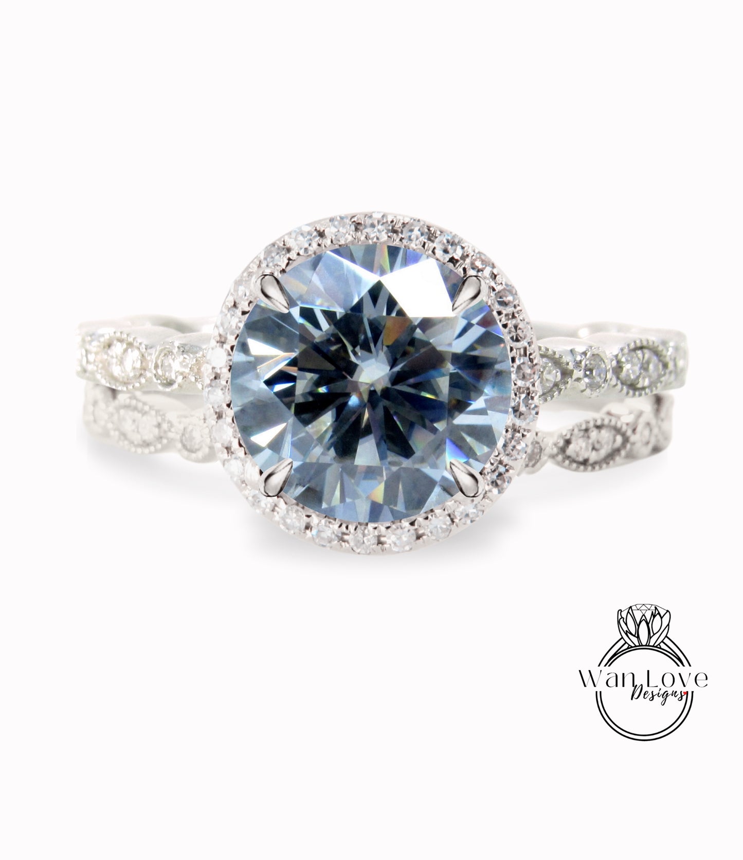 Gray Moissanite & Diamond Round Halo Engagement Ring Milgrain Round Leaf Wedding Band Set, Custom-14k White-Yellow-Rose Gold