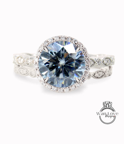 Gray Moissanite & Diamond Round Halo Engagement Ring Milgrain Round Leaf Wedding Band Set, Custom-14k White-Yellow-Rose Gold