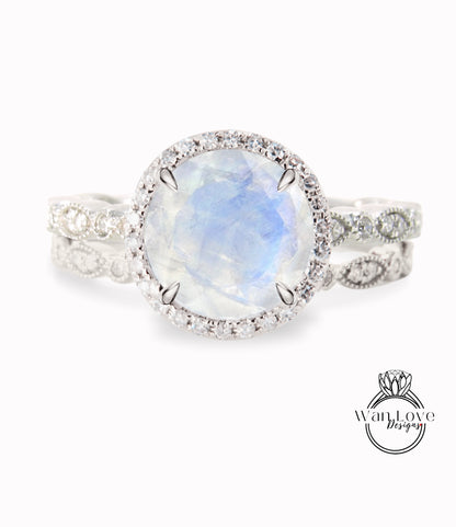 Moonstone & Diamond Round Halo Engagement Ring Milgrain Round Leaf Wedding Band Set, Custom-14k White-Yellow-Rose Gold