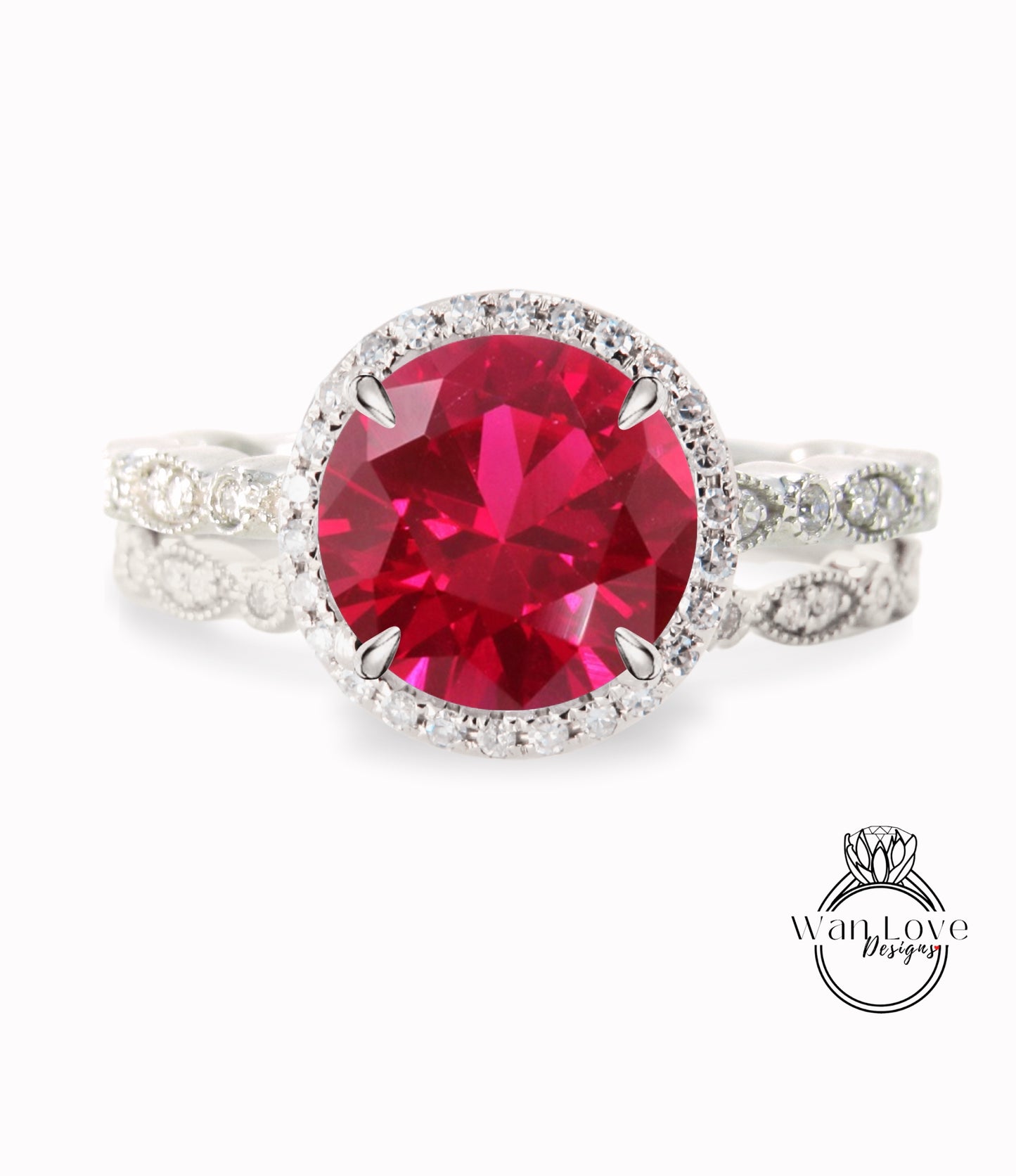 Ruby & Diamond Round Halo Engagement Ring Milgrain Round Leaf Wedding Band Set, Custom-14k White-Yellow-Rose Gold