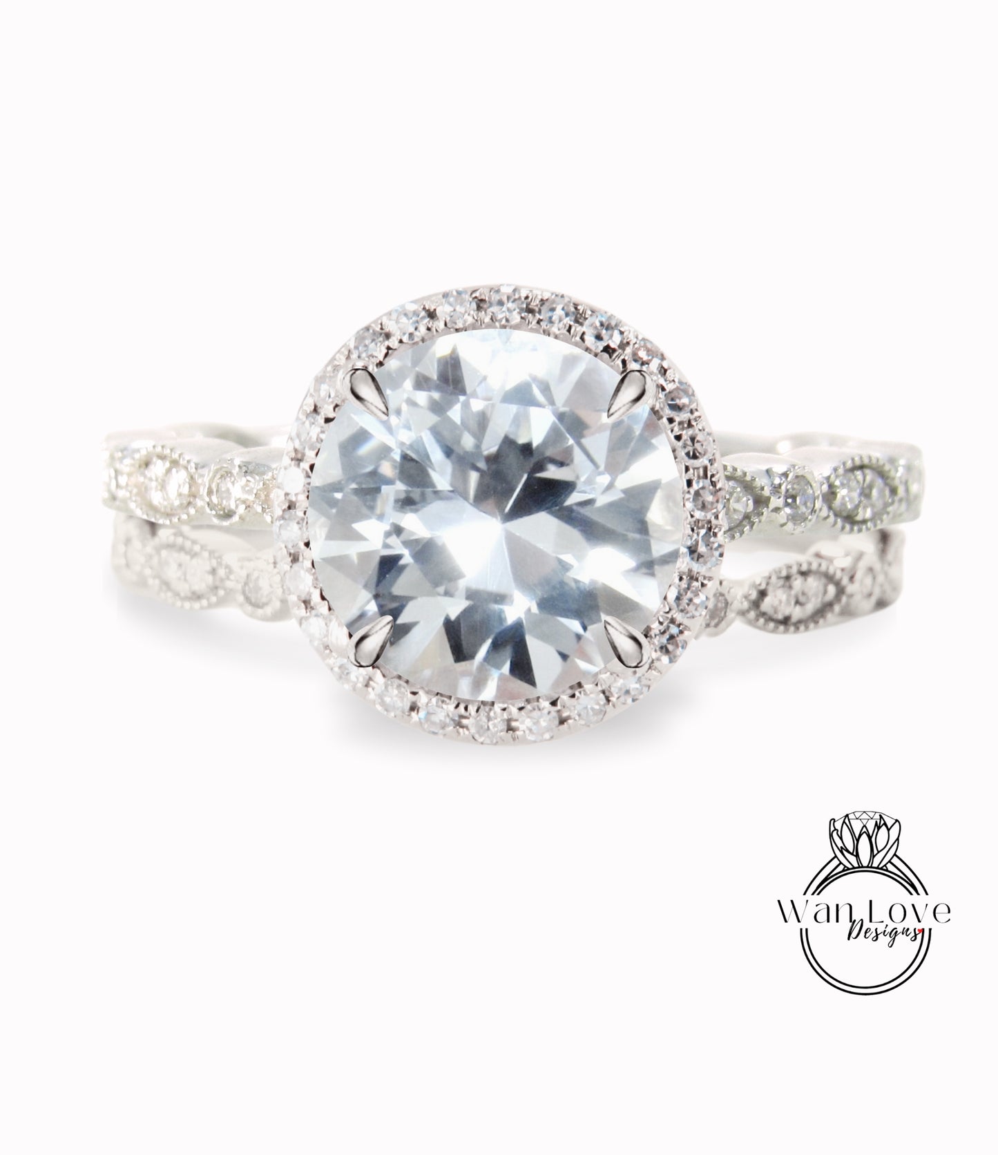 Diamanti zaffiro bianco Halo rotondo CON o SENZA set di nozze Milgrain Anelli Anelli, oro rosa massiccio 14kt, WanLoveDesigns