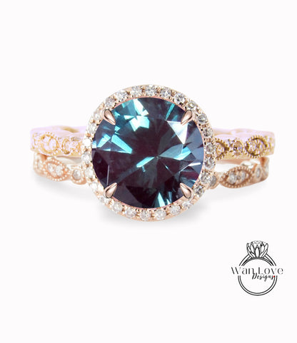 Anelli rotondi con diamanti alessandrite CON o SENZA set di nozze Milgrain Anelli, oro rosa massiccio 14kt, WanLoveDesigns