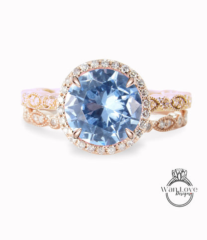 Aquamarine Blue Spinel & Diamond Round Halo Engagement Ring Milgrain Round Leaf Wedding Band Set, Custom-14k White-Yellow-Rose Gold