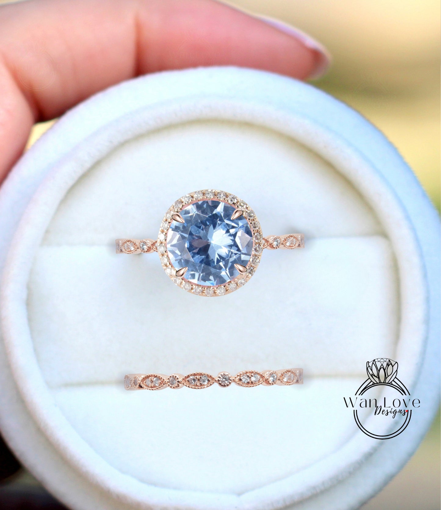Aquamarine Blue Spinel & Diamond Round Halo Engagement Ring Milgrain Round Leaf Wedding Band Set, Custom-14k White-Yellow-Rose Gold