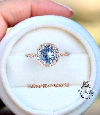 Aquamarine Blue Spinel & Diamond Round Halo Engagement Ring Milgrain Round Leaf Wedding Band Set, Custom-14k White-Yellow-Rose Gold