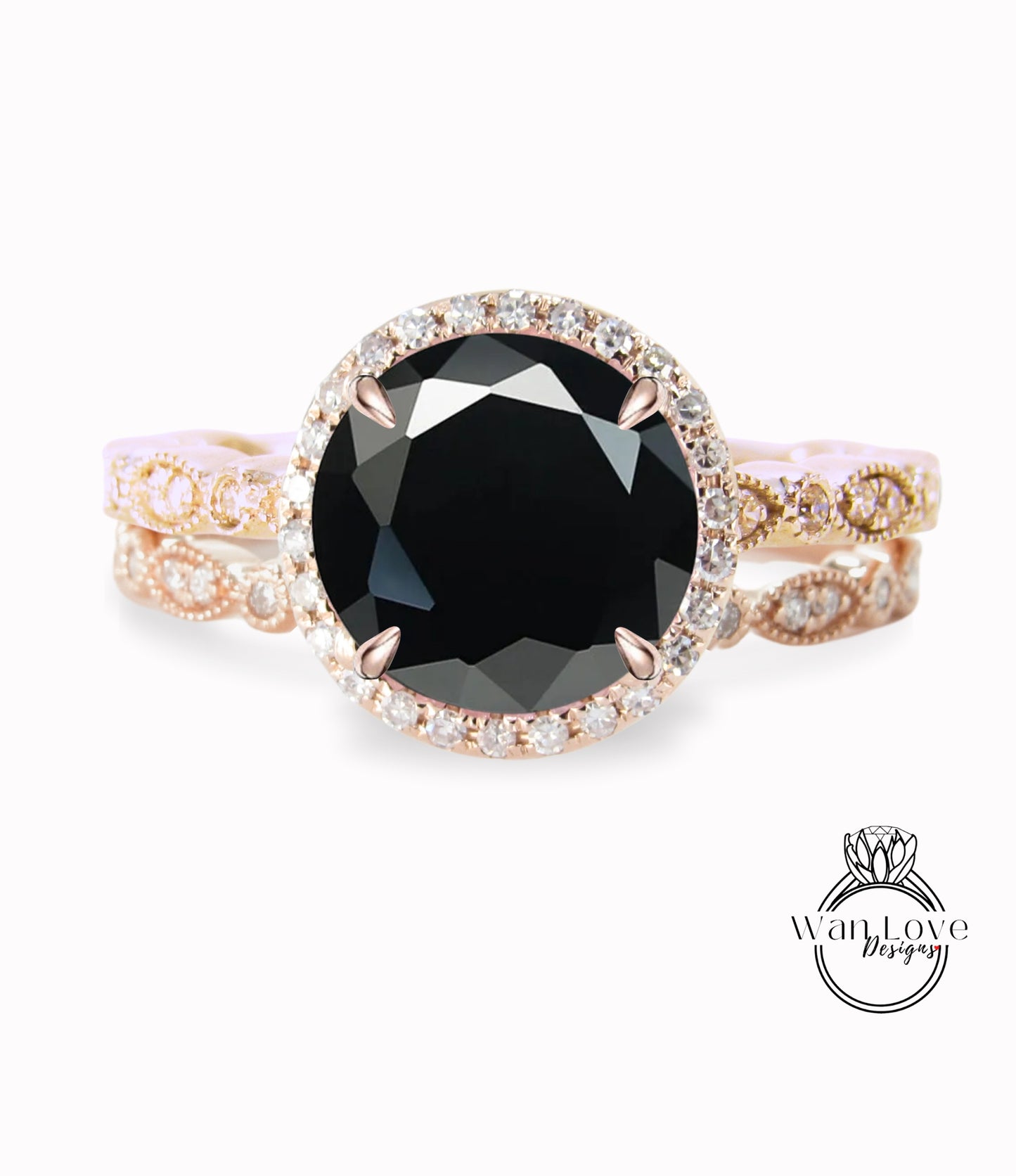 Spinello nero Zaffiro Diamanti Rotondo Halo CON o SENZA Set di nozze Milgrain Anelli Anelli, Oro rosa massiccio 14kt, WanLoveDesigns