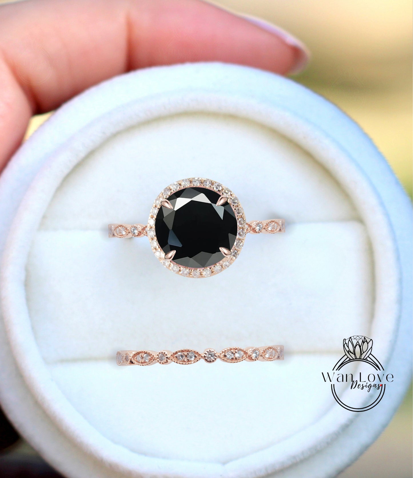 Spinello nero Zaffiro Diamanti Rotondo Halo CON o SENZA Set di nozze Milgrain Anelli Anelli, Oro rosa massiccio 14kt, WanLoveDesigns