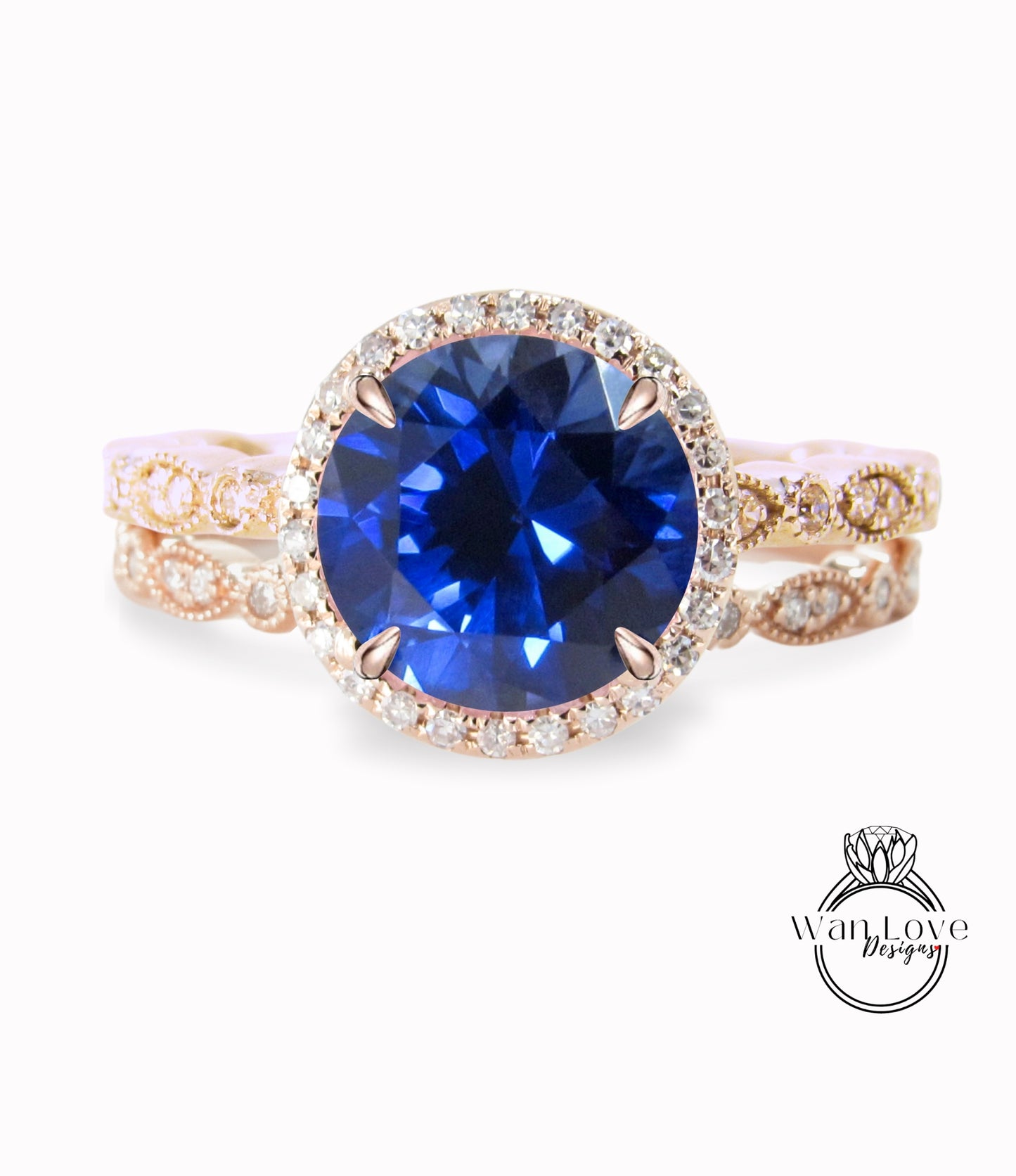 Zaffiro blu diamanti zaffiro rotondo Halo CON o SENZA set di nozze Milgrain Anelli Anelli Art Déco, set di anelli da sposa in oro rosa massiccio 14kt