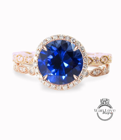 Zaffiro blu diamanti zaffiro rotondo Halo CON o SENZA set di nozze Milgrain Anelli Anelli Art Déco, set di anelli da sposa in oro rosa massiccio 14kt