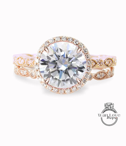 Diamond Round Halo Engagement Ring Milgrain Round Leaf Wedding Band Set, Custom-14k White-Yellow-Rose Gold