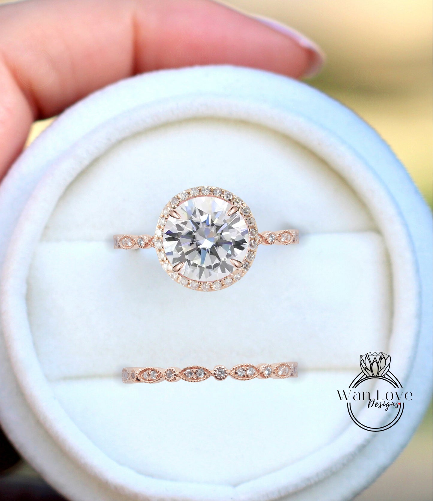 Diamond Round Halo Engagement Ring Milgrain Round Leaf Wedding Band Set, Custom-14k White-Yellow-Rose Gold