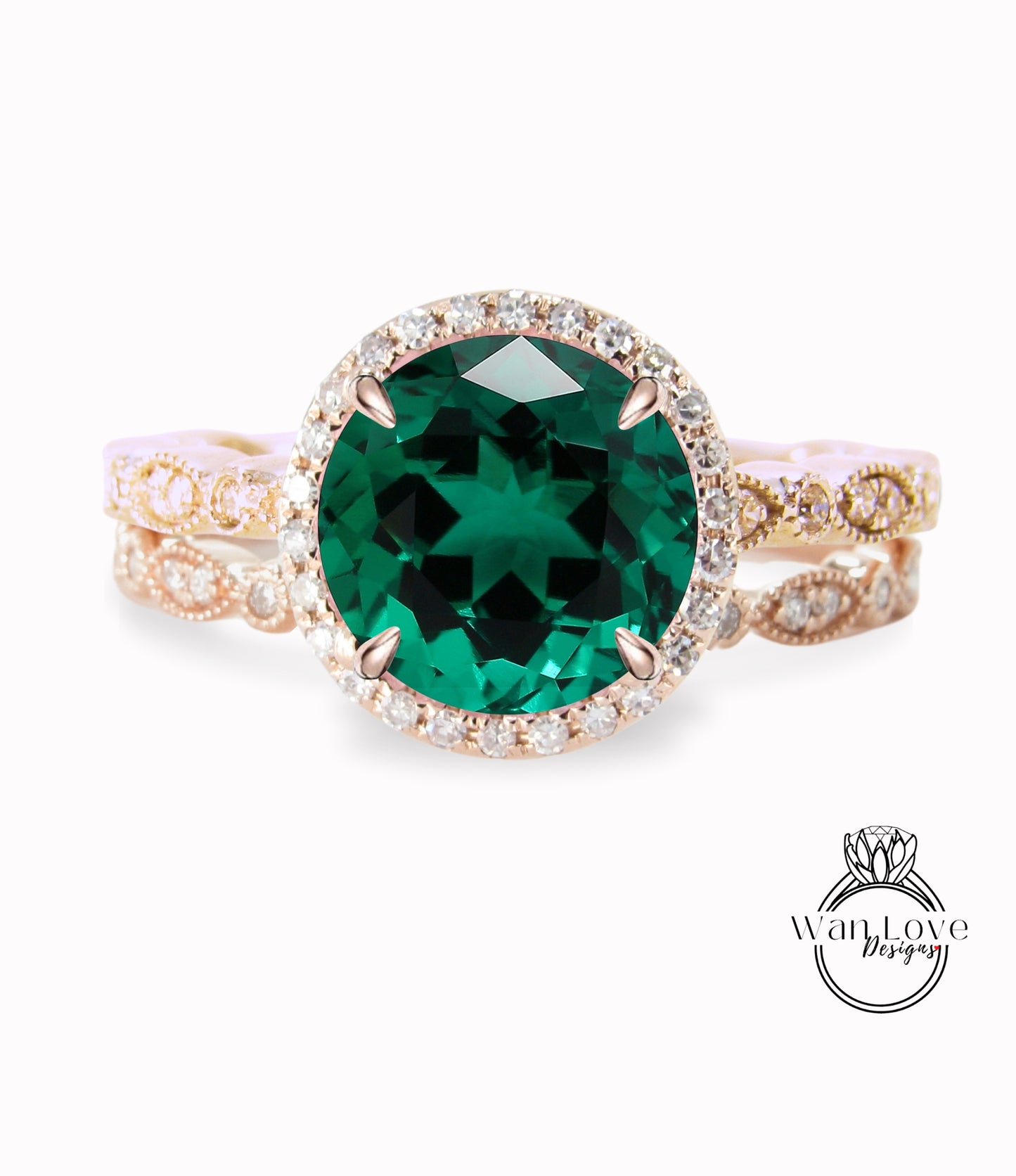 Emerald & Diamond Round Halo Engagement Ring Milgrain Round Leaf Wedding Band Set, Custom-14k White-Yellow-Rose Gold