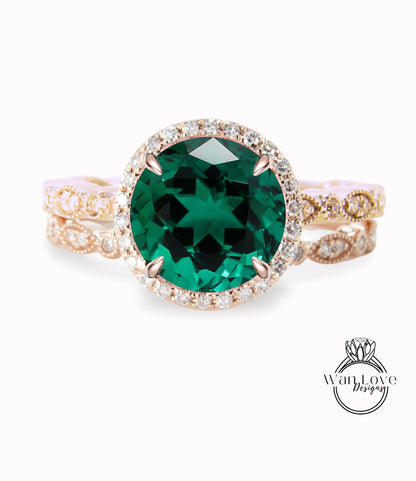 Emerald & Diamond Round Halo Engagement Ring Milgrain Round Leaf Wedding Band Set, Custom-14k White-Yellow-Rose Gold