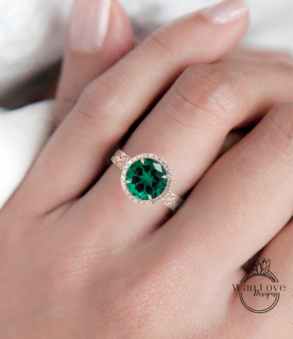 Emerald & Diamond Round Halo Engagement Ring Milgrain Round Leaf Wedding Band Set, Custom-14k White-Yellow-Rose Gold
