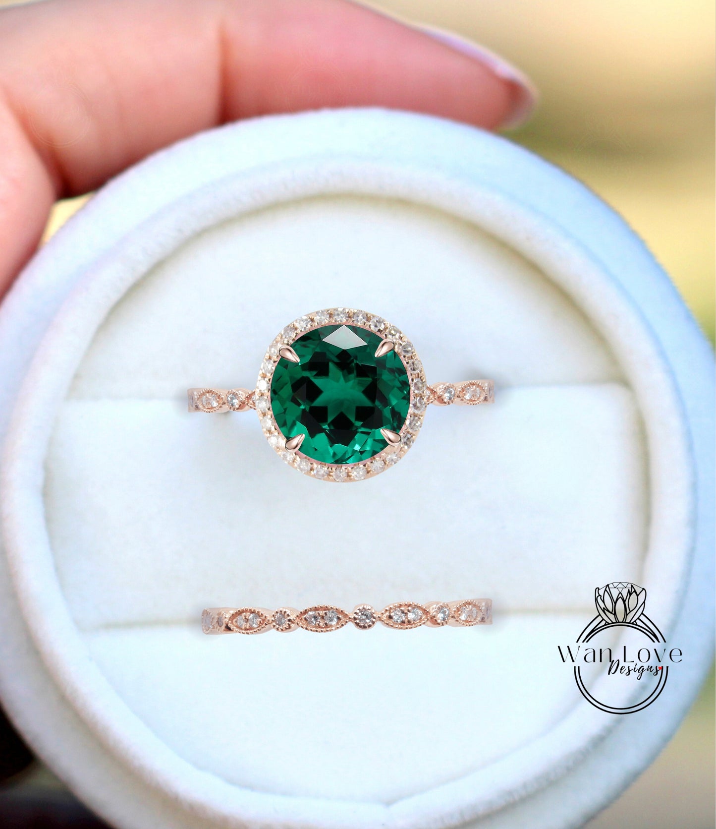 Emerald & Diamond Round Halo Engagement Ring Milgrain Round Leaf Wedding Band Set, Custom-14k White-Yellow-Rose Gold