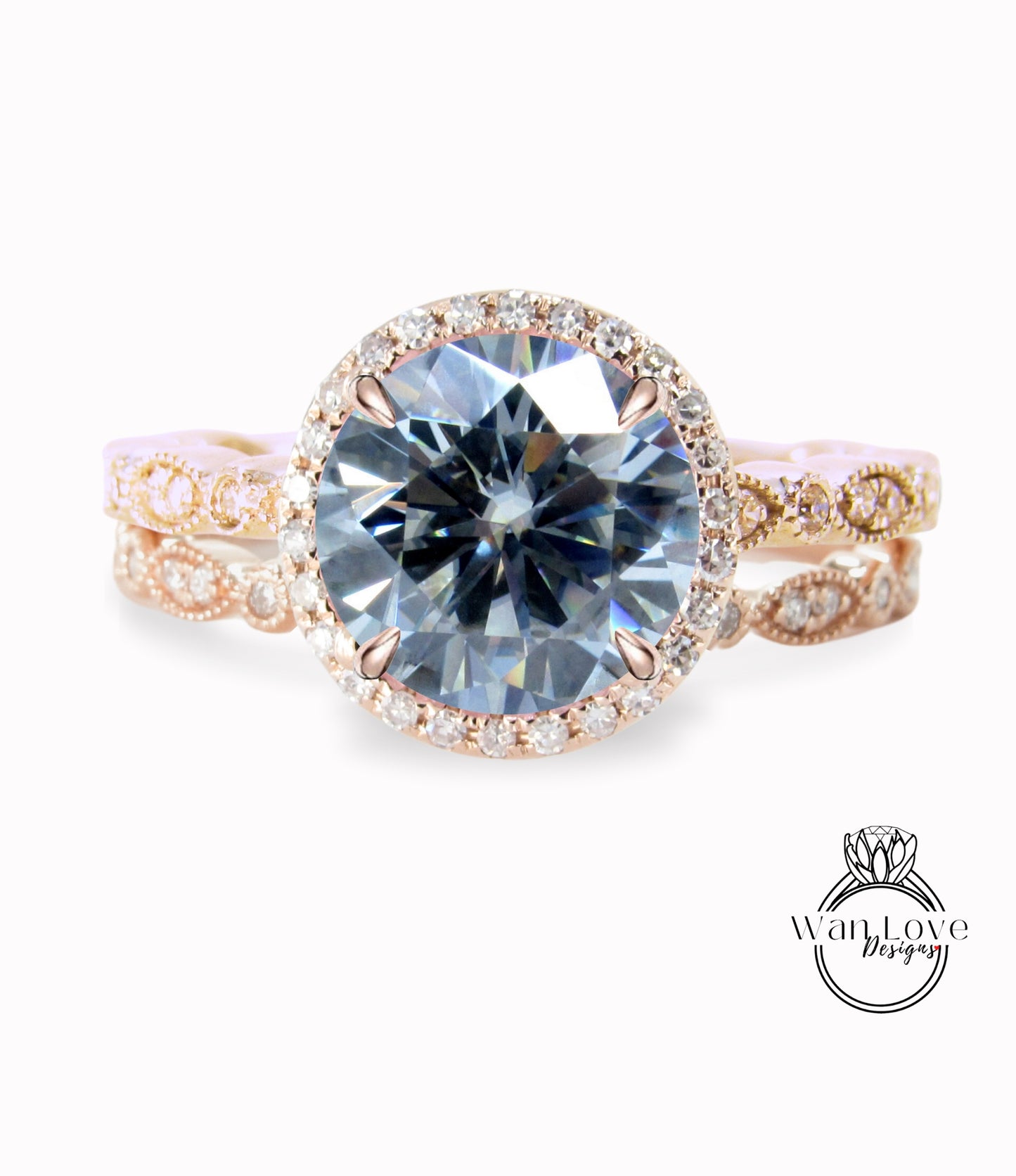 Gray Moissanite & Diamond Round Halo Engagement Ring Milgrain Round Leaf Wedding Band Set, Custom-14k White-Yellow-Rose Gold