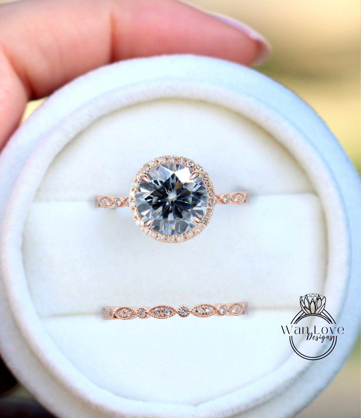 Gray Moissanite & Diamond Round Halo Engagement Ring Milgrain Round Leaf Wedding Band Set, Custom-14k White-Yellow-Rose Gold