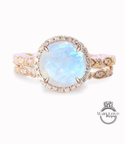 Moonstone & Diamond Round Halo Engagement Ring Milgrain Round Leaf Wedding Band Set, Custom-14k White-Yellow-Rose Gold