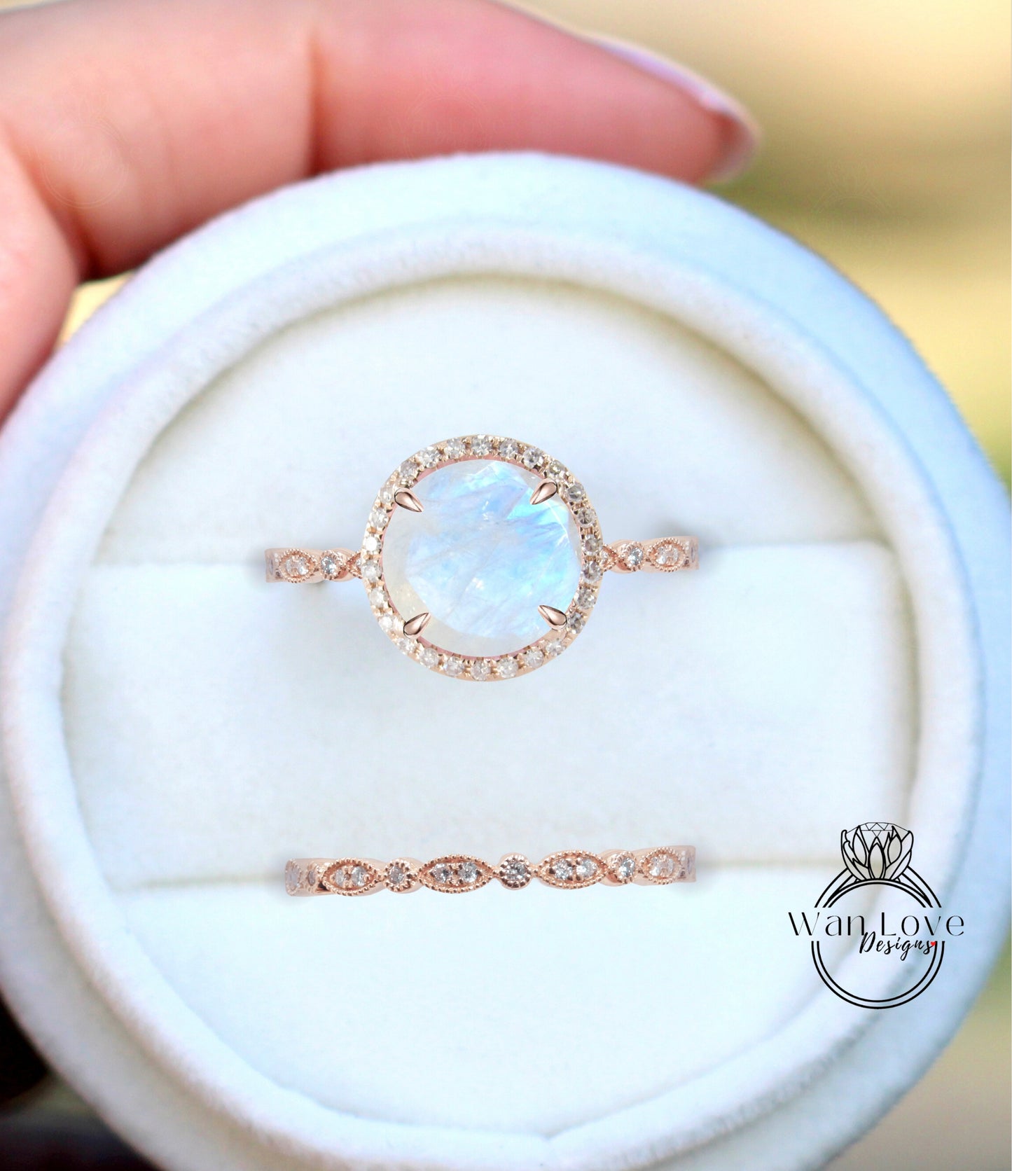 Moonstone & Diamond Round Halo Engagement Ring Milgrain Round Leaf Wedding Band Set, Custom-14k White-Yellow-Rose Gold