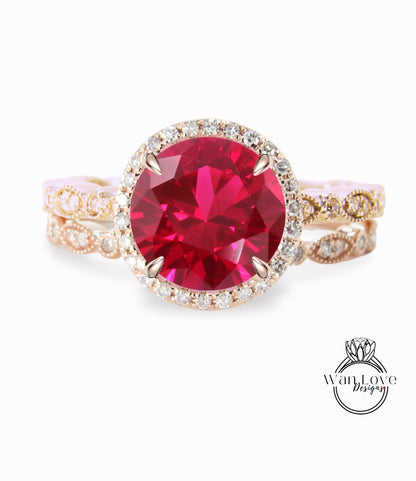 Ruby & Diamond Round Halo Engagement Ring Milgrain Round Leaf Wedding Band Set, Custom-14k White-Yellow-Rose Gold