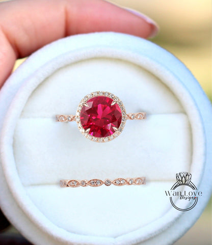 Ruby & Diamond Round Halo Engagement Ring Milgrain Round Leaf Wedding Band Set, Custom-14k White-Yellow-Rose Gold