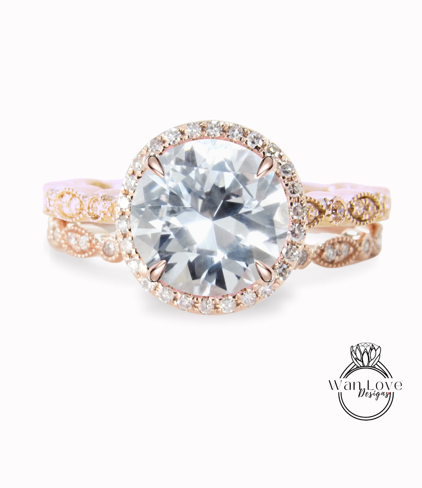 Diamanti zaffiro bianco Halo rotondo CON o SENZA set di nozze Milgrain Anelli Anelli, oro rosa massiccio 14kt, WanLoveDesigns