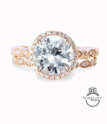 Diamanti zaffiro bianco Halo rotondo CON o SENZA set di nozze Milgrain Anelli Anelli, oro rosa massiccio 14kt, WanLoveDesigns