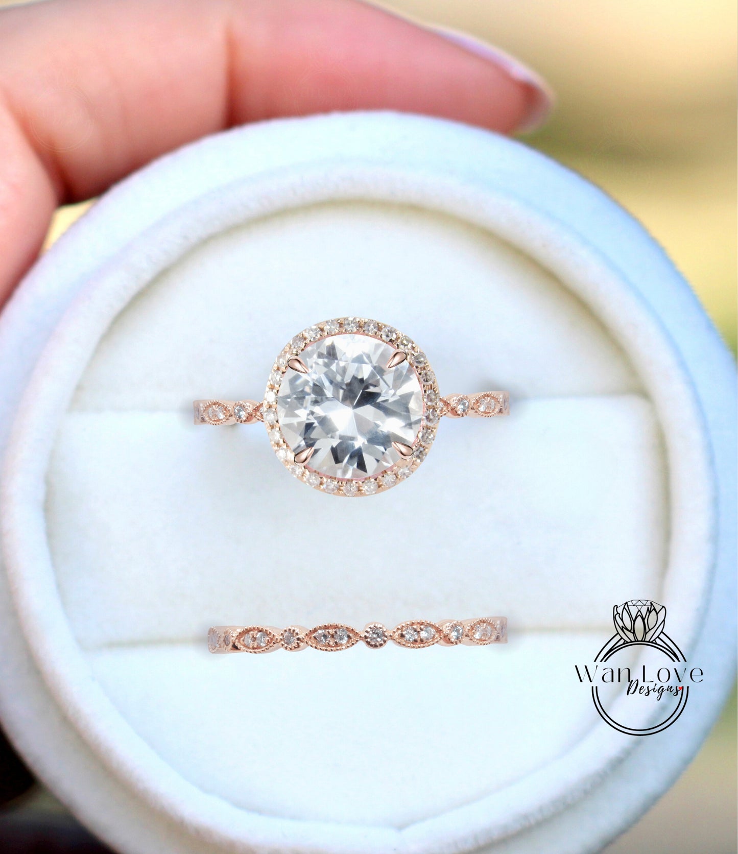 Diamanti zaffiro bianco Halo rotondo CON o SENZA set di nozze Milgrain Anelli Anelli, oro rosa massiccio 14kt, WanLoveDesigns