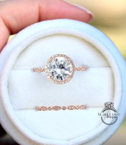 Diamanti zaffiro bianco Halo rotondo CON o SENZA set di nozze Milgrain Anelli Anelli, oro rosa massiccio 14kt, WanLoveDesigns