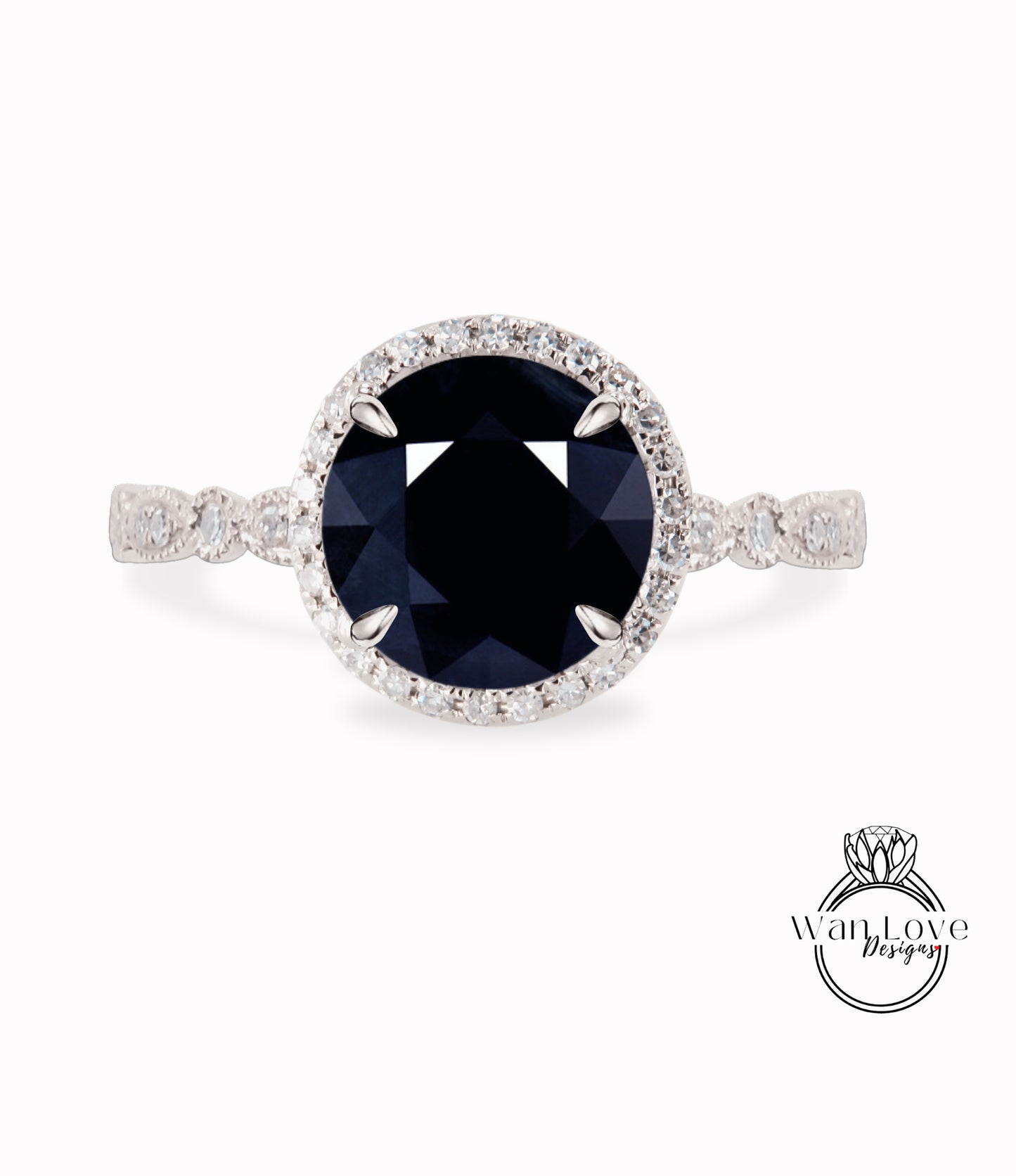 Anello di fidanzamento rotondo con zaffiro blu scuro naturale e diamanti, Halo, 1,5 ct, 7 mm, oro rosa giallo bianco 14 kt 18 kt, platino, matrimonio personalizzato