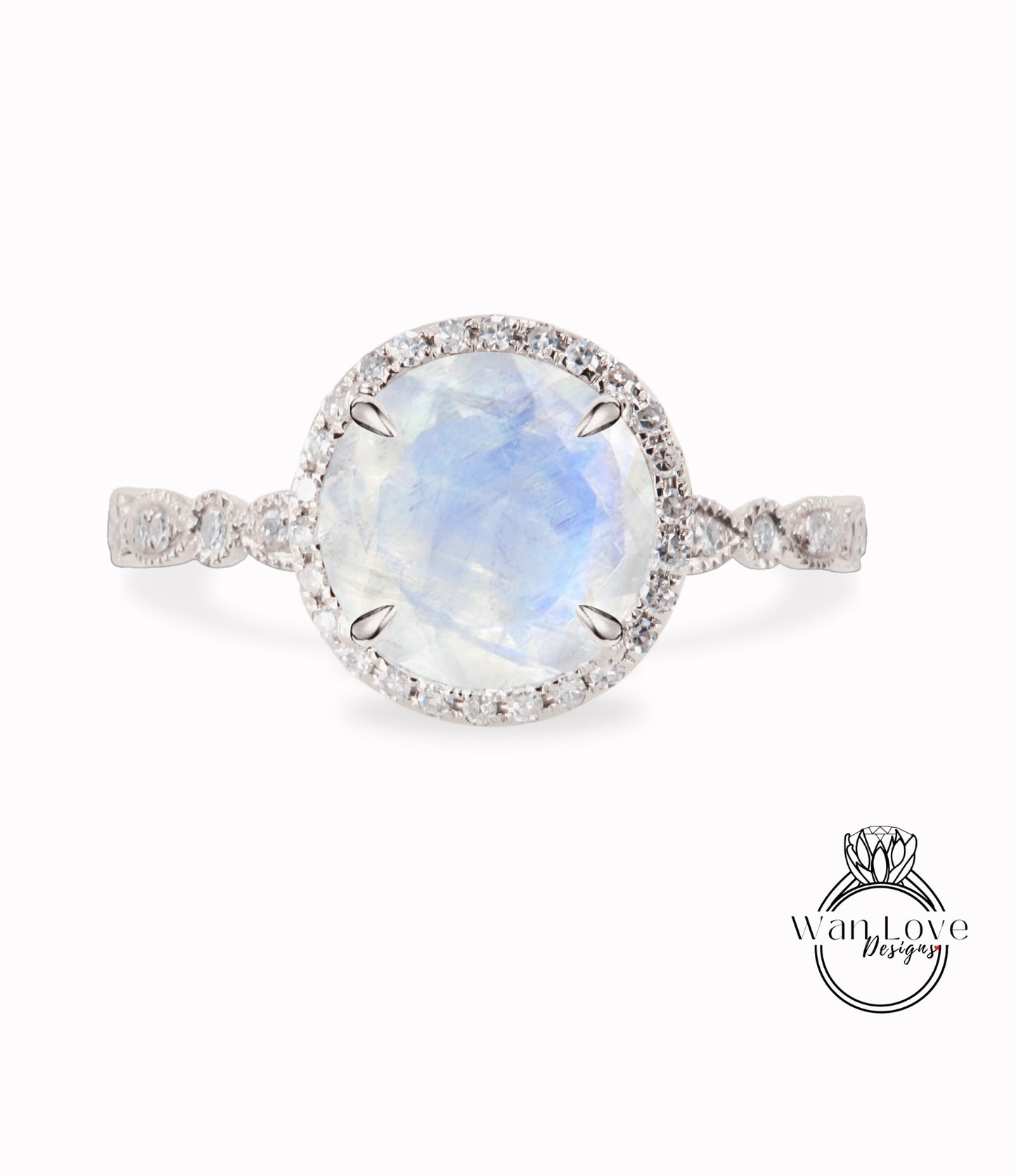 Anello di fidanzamento smerlato con pietra di luna e diamante, anello nuziale Milgrain Vintage Rainbow Mystic Moonstone, anello rotondo Halo Moissanite, personalizzato